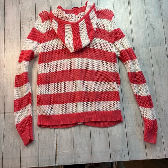 Quacker Factory Zip Up Hooded Mesh Jacket Beach Cover Up Sz L Pink White Stripe - Picture 2 of 11